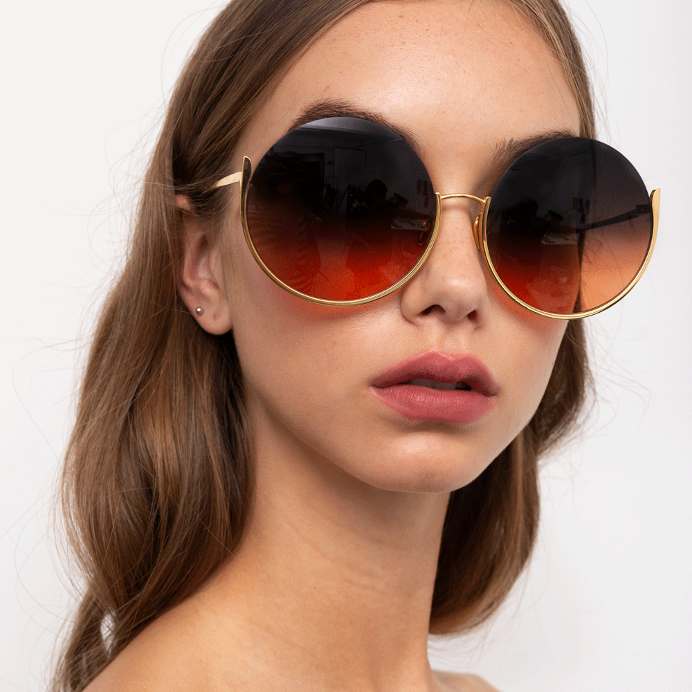 Olivia Round Sunglasses in Light Gold frame by LINDA FARROW 
